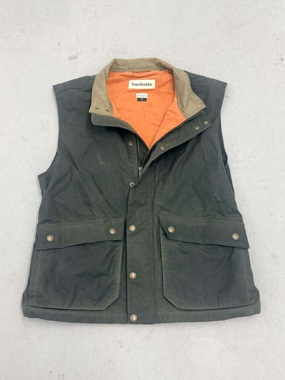 Tom Beckbe Kinsman Waxed Cotton Vest Olive Green L Alabama Clay Made in USA